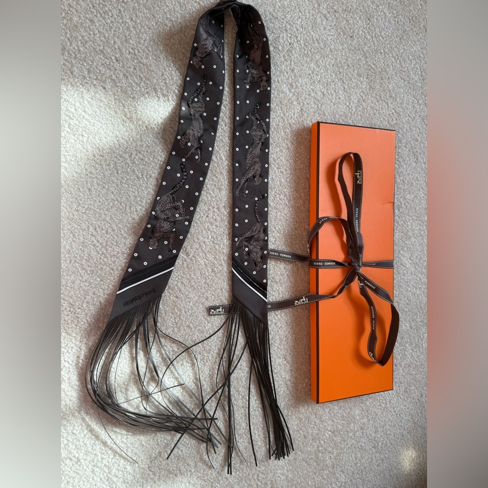 Hermes Guepard Bandana Franges Cuir Twilly